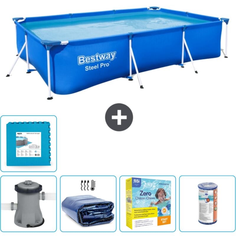 Bestway - Piscine Rectangulaire Steel Pro - 300 x 201 x 66 cm - Bleue - Comprend des Accessoires CB17 - Blue