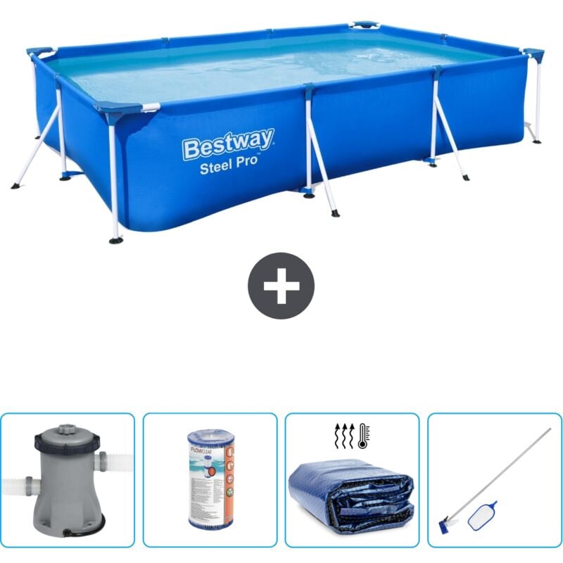 Bestway - Piscine Rectangulaire Steel Pro - 300 x 201 x 66 cm - Bleue - Comprend des Accessoires CB54 - Blue