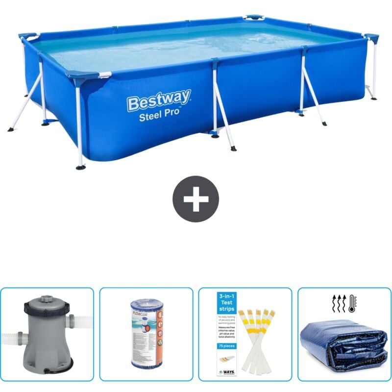 Bestway - Piscine Rectangulaire Steel Pro - 300 x 201 x 66 cm - Bleue - Comprend des Accessoires CB50 - Blue