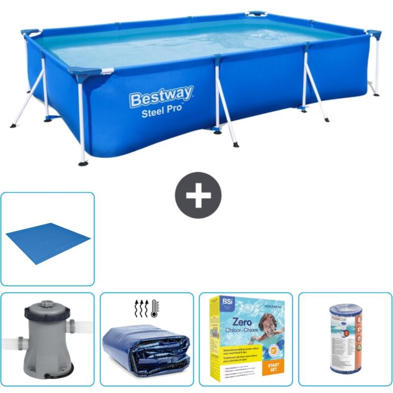 Piscine Bestway Rectangulaire Steel Pro - 300 x 201 x 66 cm - Bleue - Comprend des Accessoires CB16 - Blue