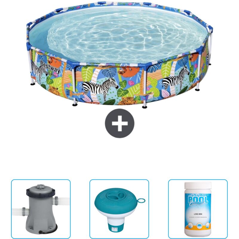 Bestway - Piscine Ronde Steel Pro - 305 x 66 cm - Imprimé Jungle - Incluse Accessoire CB41 - Multicolour