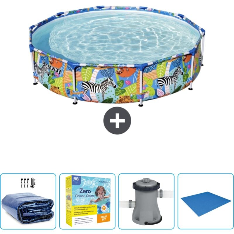 Bestway - Piscine Ronde Steel Pro - 305 x 66 cm - Imprimé Jungle - Incluse Accessoire CB6 - Multicolour