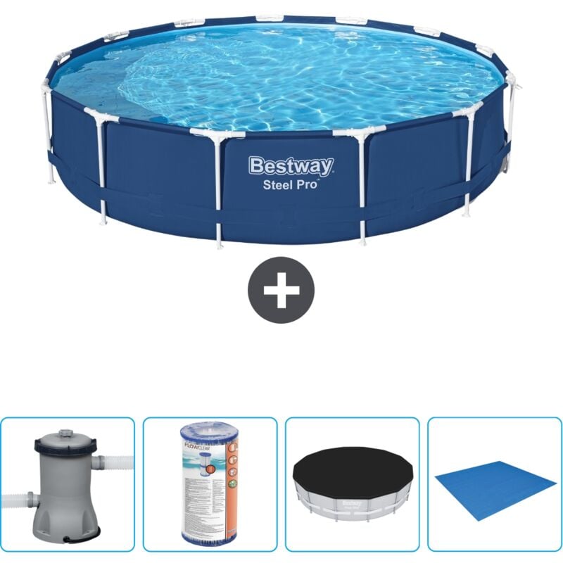 Bestway - Piscine Ronde Steel Pro - 396 x 84 cm - Bleue - Comprend des Accessoires CB52 - Blue