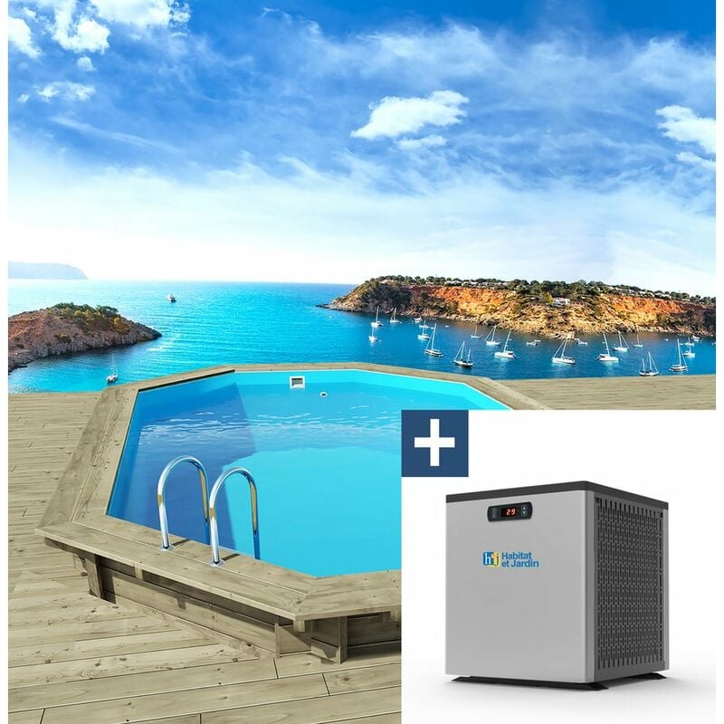 Piscine bois " Miami 130 " - 4.86 x 3.36 x 1.30 m + Mini Pompe à chaleur - Puissance 3.5 Kw