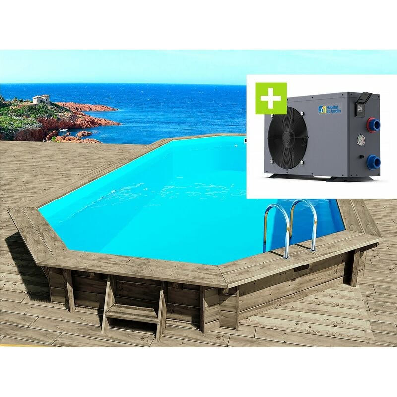 Habitat Et Jardin - Piscine bois ' Cancun ' - 6.53 x 4.41 x 1.45 m + Pompe à chaleur - Puissance 6.1 kW -