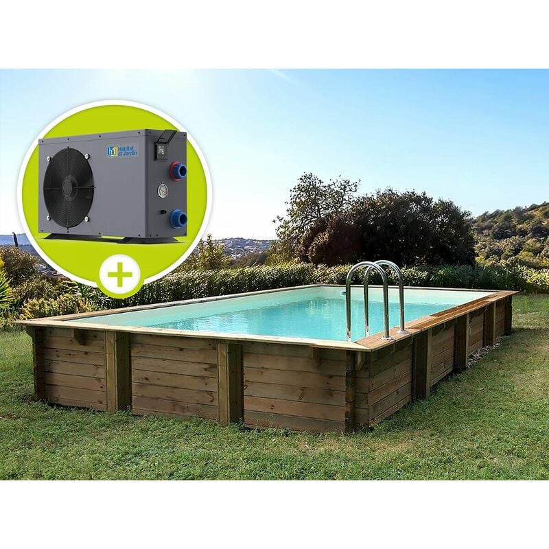 Habitat Et Jardin - Piscine bois en kit rectangle ' Tampa 145 ' - 7.20 x 4.20 x 1.44 + Pompe à chaleur - Puissance 6.1 kW