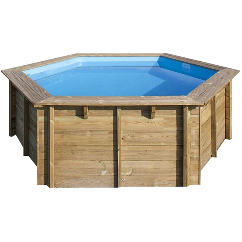 Water Clip - waterclip - Piscine bois fsc hexagonale Ø395cm -v7.5m2 - Autoclave iv - Liner 60/100 - Rainurée languette - Filtration 4m3/h + Echelle