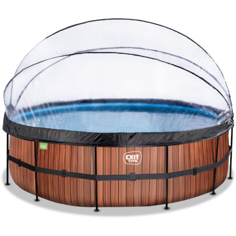 Piscine couverte EXIT Wood ø488x122cm avec pompe filtrante à sable et à chaleur - marron