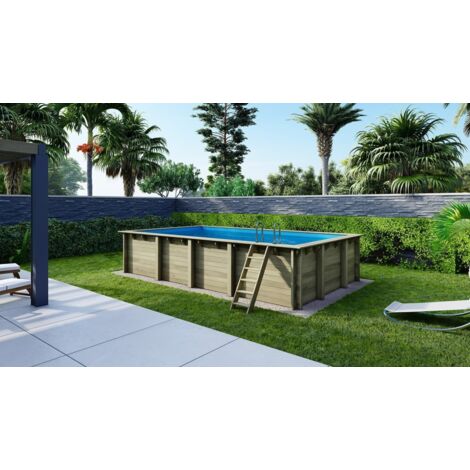 Piscine de jardin en bois - 6,76m x 3,76m x H.1,45m - rectangulaire - coffre de filtration compris - Vert