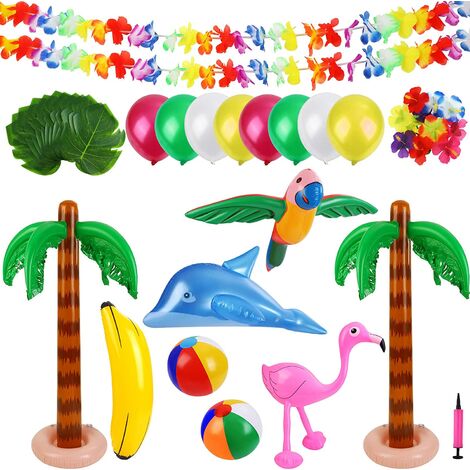 Piscine gonflable 57 Pièces Ensemble de Fête Luau Gonflable Comprend des Palmiers Gonflables Banane Gonflable Ballons de Plage Flamingo Jouets Vol Perroquet Dauphin pour Hawaii Party Luau Beach