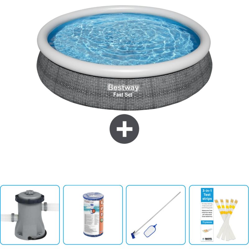 Bestway - Piscine gonflable ronde à réglage rapide - Imprimé rotin - 366 x 76 cm - Comprend des Accessoires CB58 - Grey