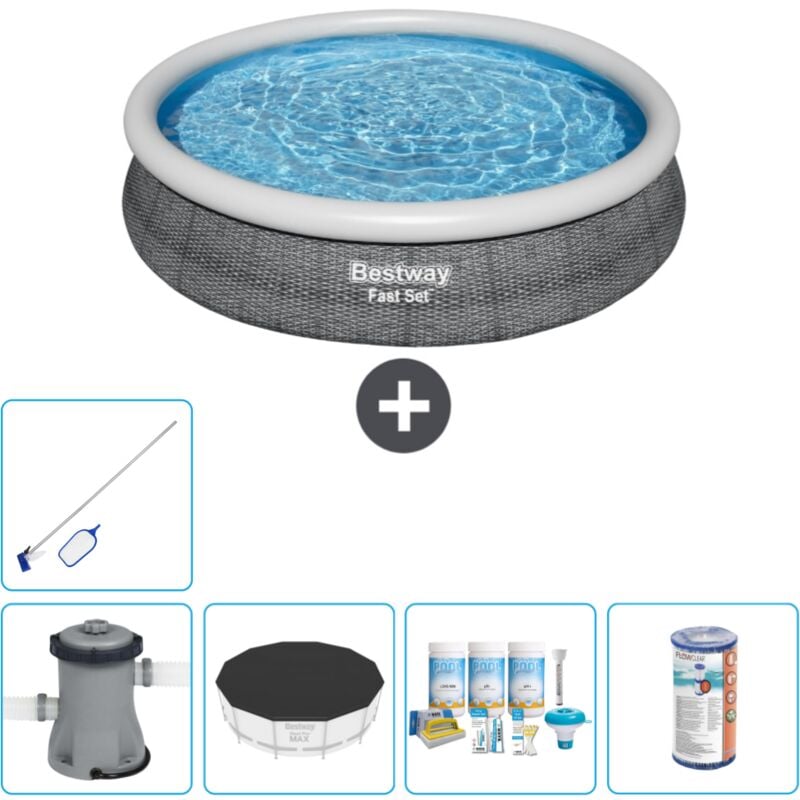 Bestway - Piscine gonflable ronde à réglage rapide - Imprimé rotin - 366 x 76 cm - Comprend des Accessoires CB15 - Grey