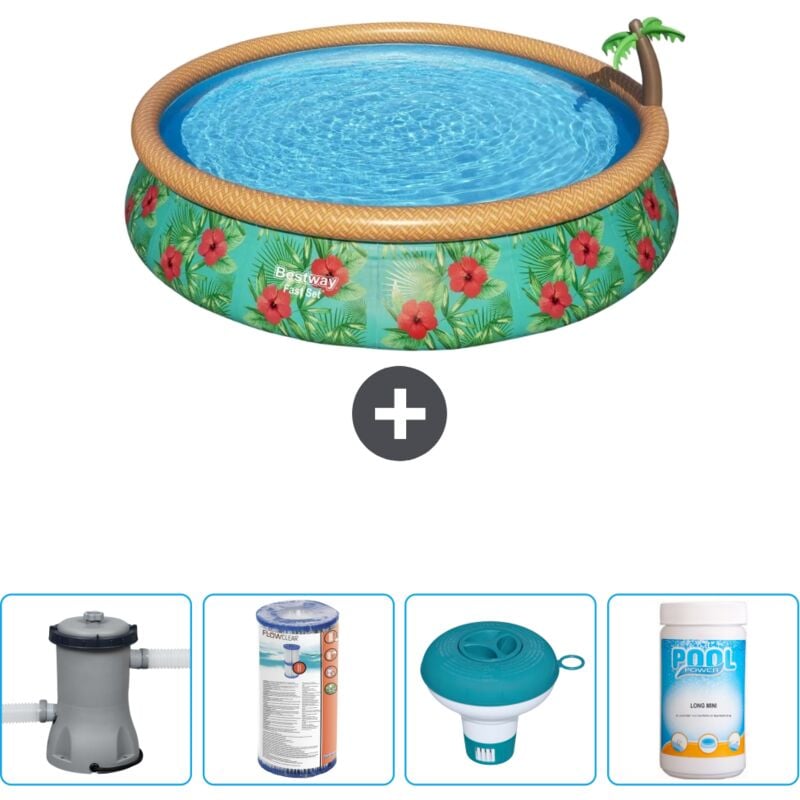 Bestway - Piscine gonflable ronde à réglage rapide - Paradise Print - 457 x 84 cm - Comprend des Accessoires CB53 - Multicolour