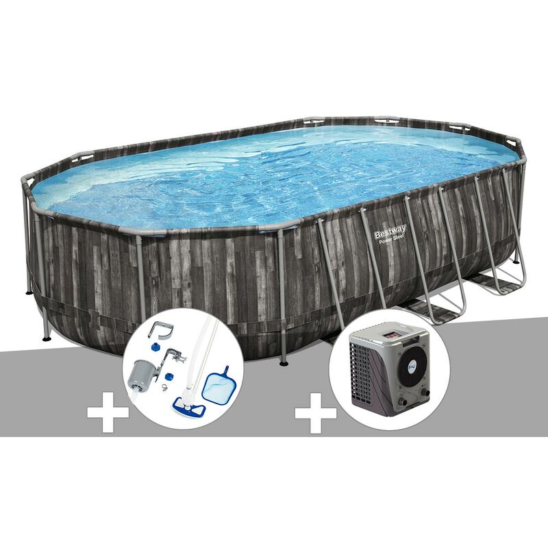 Kit piscine tubulaire ovale Bestway Power Steel décor bois 6,10 x 3,66 x 1,22 m + Kit d'entretien Deluxe + Pompe à chaleur