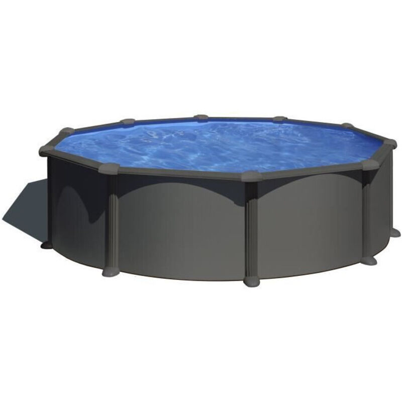 GRE - Kit Piscine hors sol acier ronde grise anthracite - Louco - Ø480 x 122 cm (Livrée avec filtre a sable, échelle de sécu