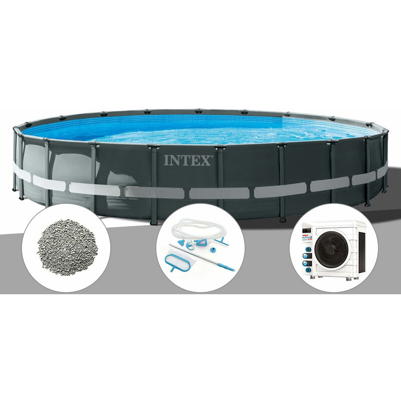 Intex - Kit piscine tubulaire Ultra xtr Frame ronde 6,10 x 1,22 m + 20 kg de zéolite + Kit d'entretien + Pompe à chaleur