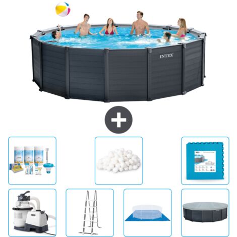 Piscine Intex Ronde Panneau Gris Graphite - 478 x 124 cm - Comprend des Accessoires CB42