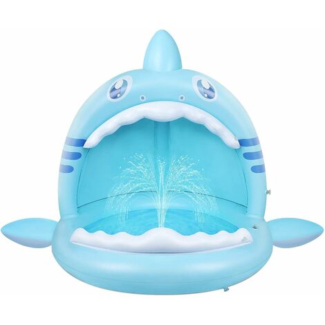 Piscine pour Bébé, Pataugeoire Gonflable Requin pour Jeunes Enfants avec Jet d'eau et Auvent, Aire de Jeux pour Intérieur Extérieur Tente Piscine Pliable Bebe