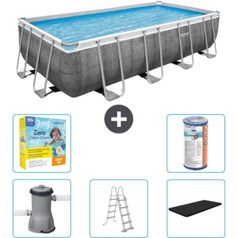 Piscine Rectangulaire Bestway Power Steel - Impression Rotin - 488 x 244 x 122 - Comprend des Accessoires CB33