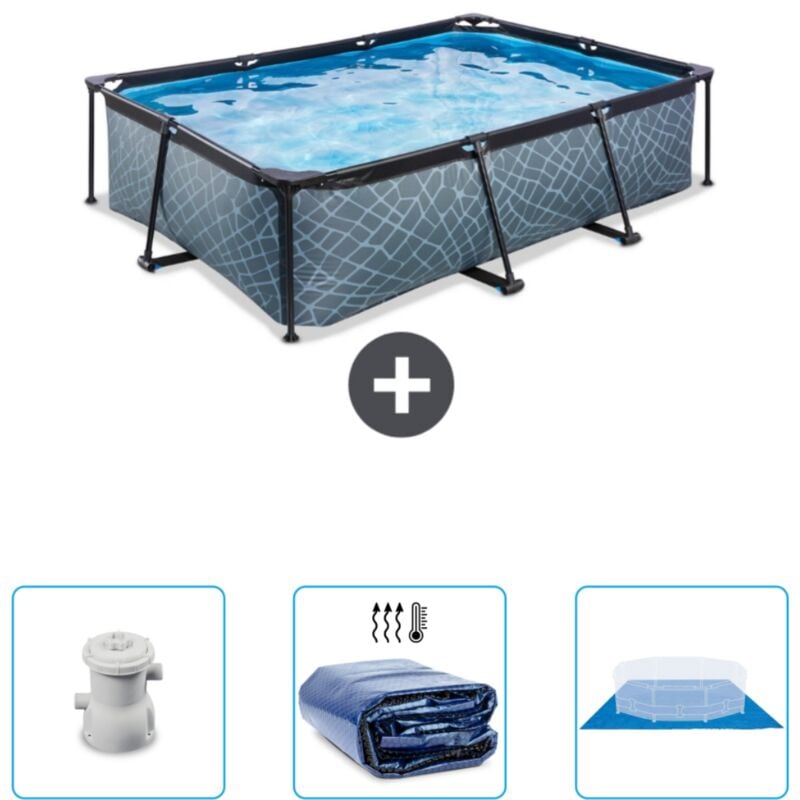 Exit Toys - Piscine Rectangulaire Structure en Pierre exit - 220 x 150 x 65 cm - Comprend des Accessoires CB76