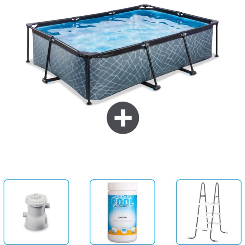 Exit Toys - Piscine Rectangulaire Structure en Pierre exit - 220 x 150 x 65 cm - Comprend des Accessoires CB84