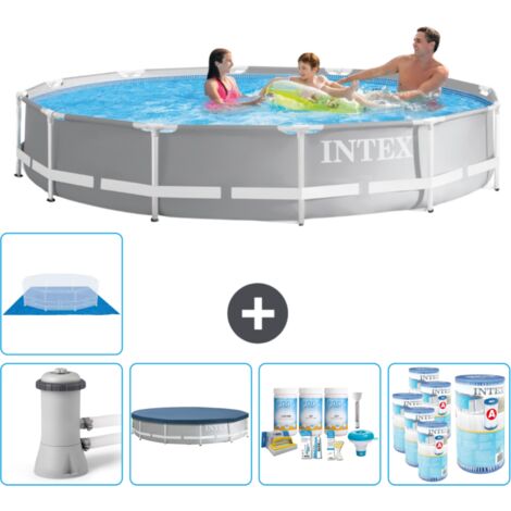 Piscine ronde à cadre prisme Intex - 366 x 76 cm - Grise - Comprend des Accessoires CB15