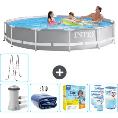 Piscine ronde à cadre prisme Intex - 366 x 76 cm - Grise - Comprend des Accessoires CB27