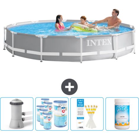 Piscine ronde à cadre prisme Intex - 366 x 76 cm - Grise - Comprend des Accessoires CB85