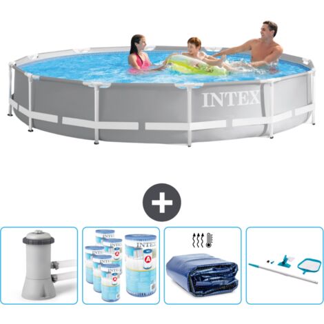 Piscine ronde à cadre prisme Intex - 366 x 76 cm - Grise - Comprend des Accessoires CB90