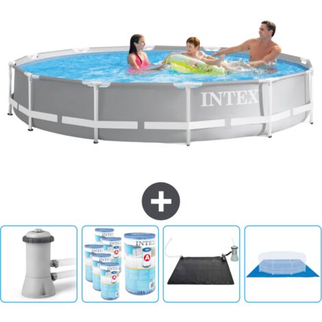 Piscine ronde à cadre prisme Intex - 366 x 76 cm - Grise - Comprend des Accessoires CB91
