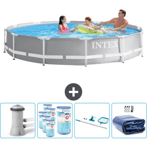 Piscine ronde à cadre prisme Intex - 366 x 76 cm - Grise - Comprend des Accessoires CB93