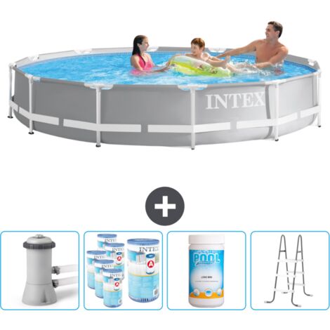 Piscine ronde à cadre prisme Intex - 366 x 76 cm - Grise - Comprend des Accessoires CB96