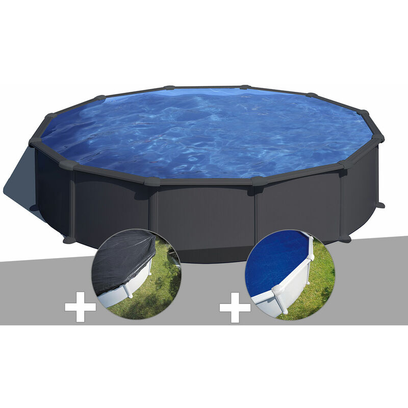 Kit piscine acier gris anthracite Gré Juni ronde 5,70 x 1,32 m + Bâche d'hivernage + Bâche à bulles - Anthracite