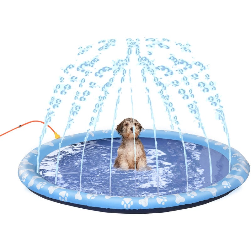 Piscine tapis à jet d'eau pour chien - ø 1,5 m - pliable, facile à transporter - pvc bleu motifs os pattes - Bleu