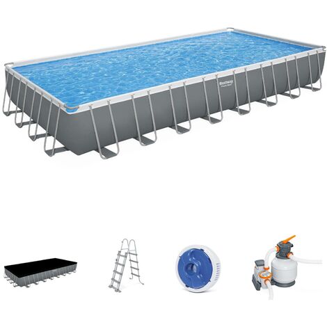Piscine tubulaire BESTWAY - Ambre - grise, grande piscine rectangulaire 10x5m avec pompe de filtration à sable, échelle et bâche de protection - Gris