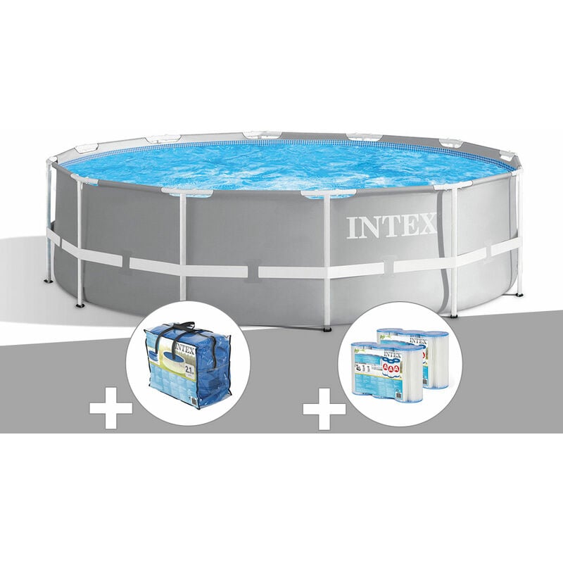 Intex - Kit piscine tubulaire Prism Frame ronde 3,66 x 1,22 m + Bâche à bulles + 6 cartouches de filtration