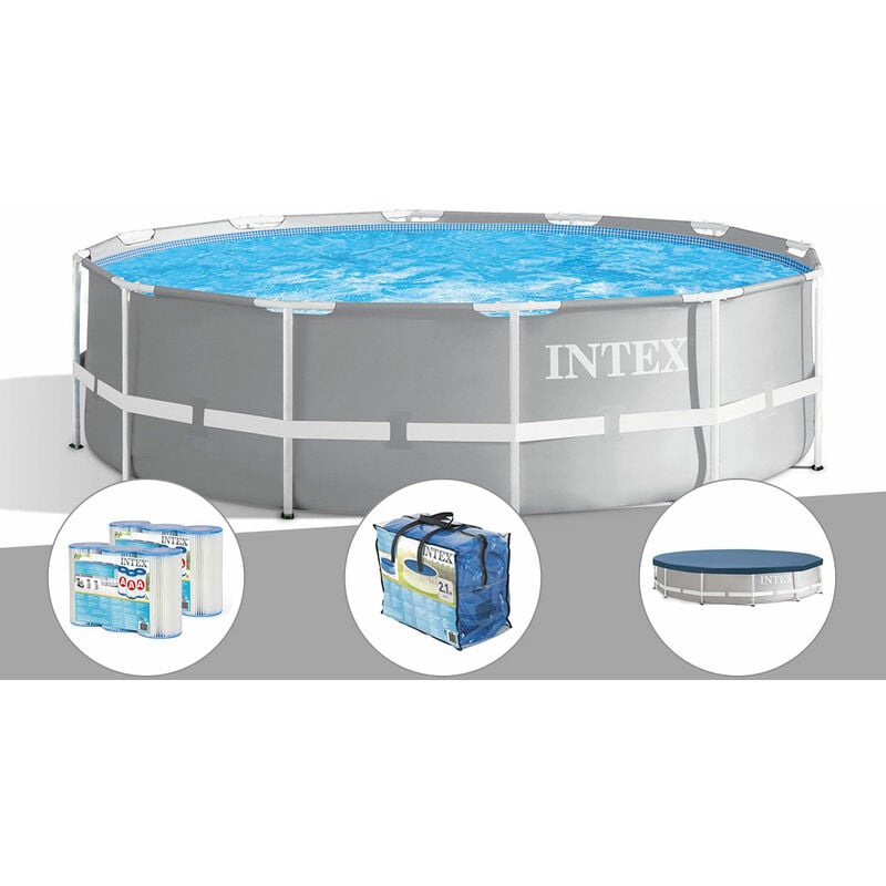 Intex - Kit piscine tubulaire Prism Frame ronde 3,66 x 1,22 m + Bâche à bulles + 6 cartouches de filtration + Bâche de protection