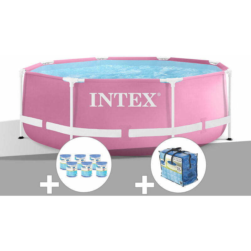 Kit piscine tubulaire Intex Metal Frame Pink ronde 2,44 x 0,76 m + 6 cartouches de filtration + Bâche à bulles
