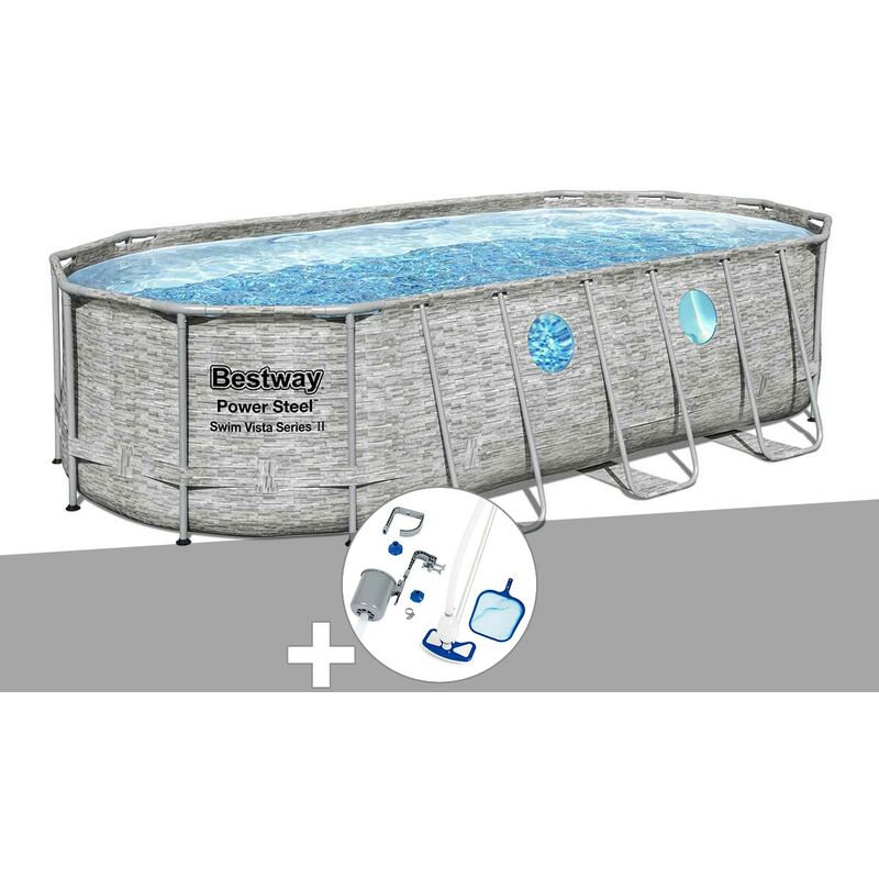 Kit piscine tubulaire ovale Bestway Power Steel SwimVista avec hublots 5,49 x 2,74 x 1,22 m + Kit d'entretien Deluxe