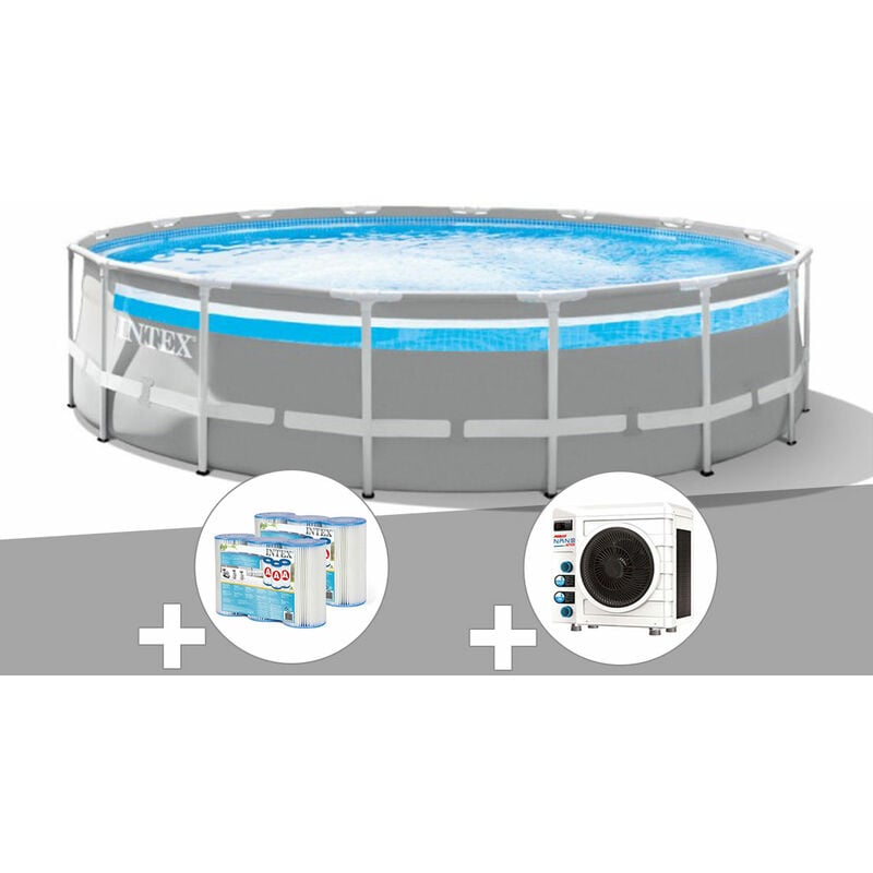 Intex - Kit piscine tubulaire Prism Frame Clear Window ronde 4,88 x 1,22 m + 6 cartouches de filtration + Pompe à chaleur