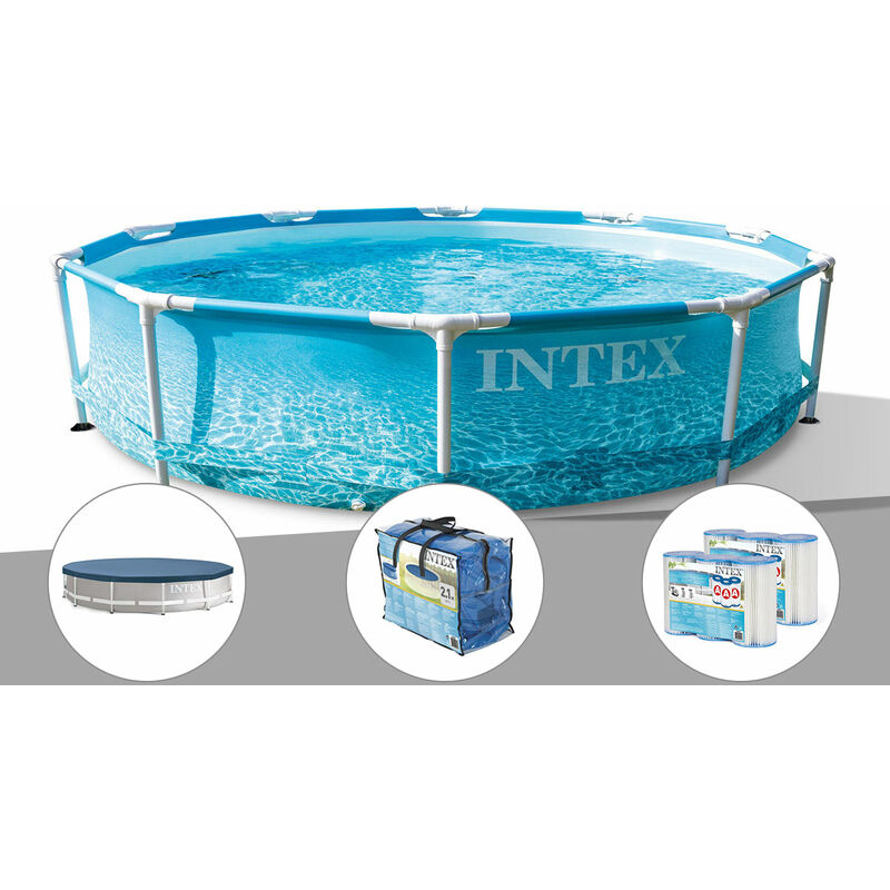 Intex - Kit piscine tubulaire Metal Frame Ocean ronde 3,05 x 0,76 m + Bâche de protection + Bâche à bulles + 6 cartouches de filtration