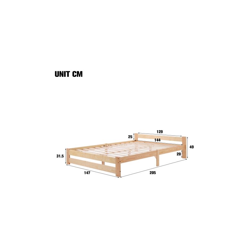 200x140cm Lit Solide lit en bois massif Lit futon en bois massif naturel Lit en avec tête de lit et sommier à lattes,naturel l&h