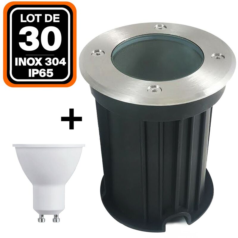 

Lote de 30 focos empotrables de suelo redondos acero inoxidable 304 Exterior IP65 + Bombilla GU10 5 W Blanco neutro 4500 K