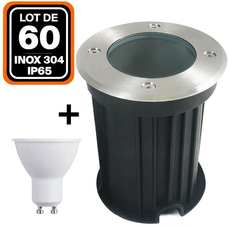 

Lote de 60 focos empotrables de suelo redondos acero inoxidable 304 Exterior IP65 + Bombilla GU10 5 W Blanco cálido 2700 K