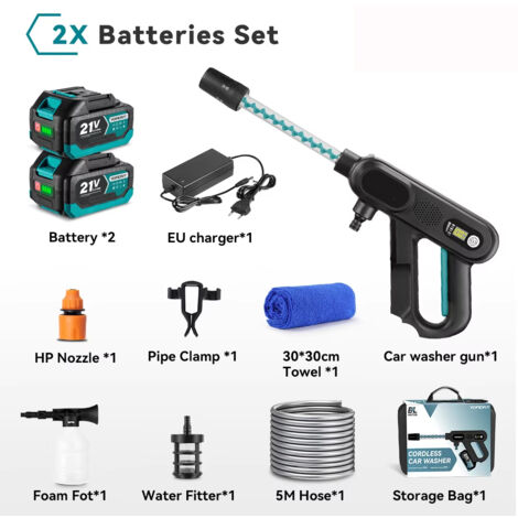 Pistojet lavage HP 220 bars sans fil – 3 réglages de débit, pour accu Makita 21V – Pack 2 batteries avec sac de transport
