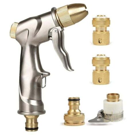 Pistola a spruzzo per tubo da giardino con ugello in ottone, spruzzatore portatile ad alta pressione in lega di zinco per lavaggio auto/irrigazione prato (con 4 connettori)