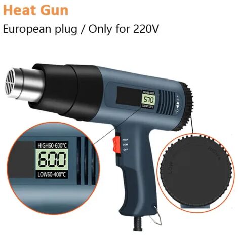 Pistola de calor eléctrica de 220 V y 2000 W: temperatura ajustable, pantalla digital y boquillas.