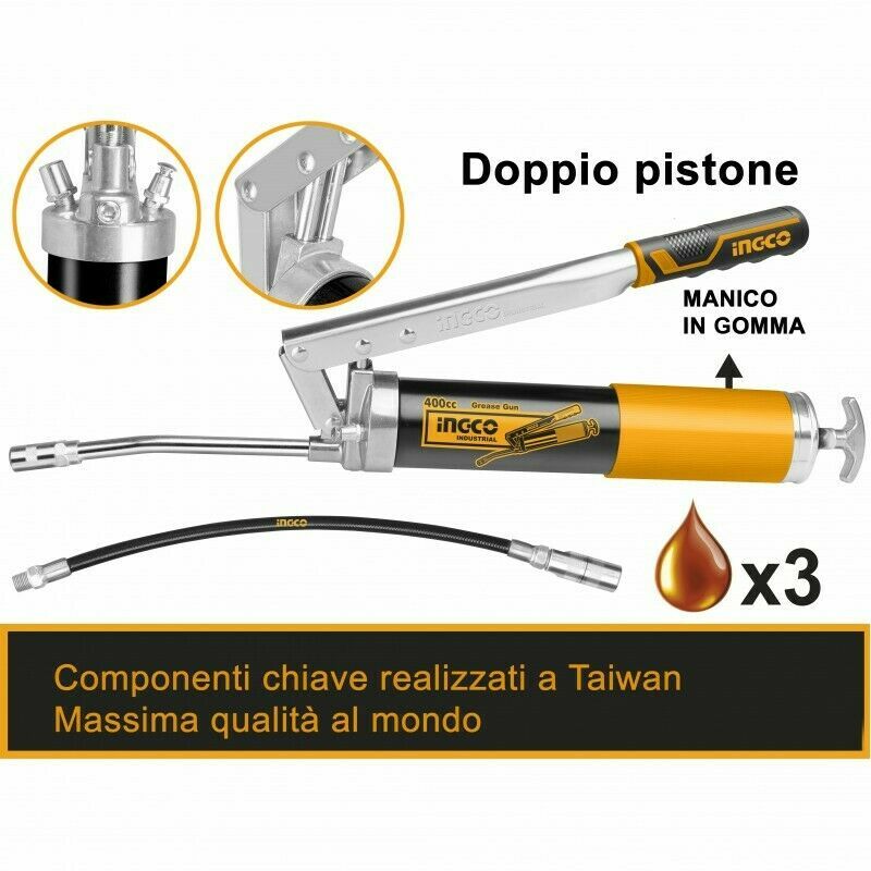 Image of Ingco - Pistola pompa ingrassatore manuale a lega + tubo flessibile alta pressione 400cc