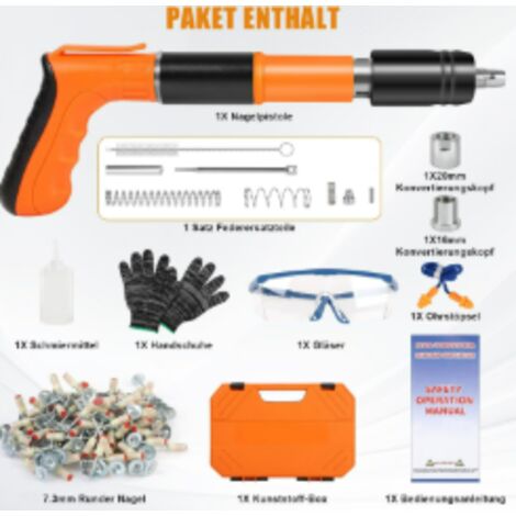 Pistola sparachiodi in acciaio per ancoraggi a soffitto e pareti in cemento (con 200 chiodi rotondi)