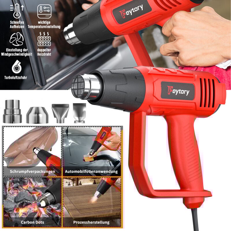 Pistolet à air chaud 2000W pistolet à air chaud 60-600℃ 2 vitesses, 4 buses incluses